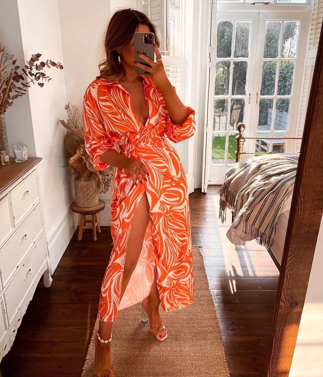 Fashion Print Balloon Sleeve Wrap Dress with Tie Slit