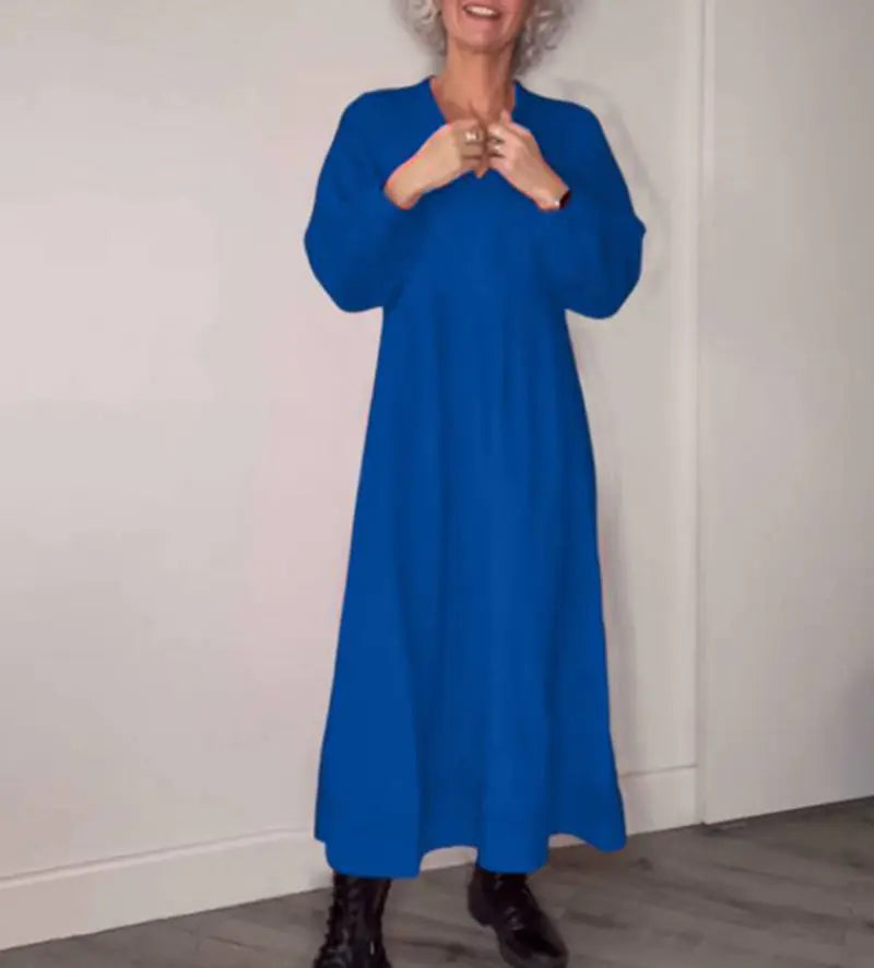 V-neck Long Sleeve Solid Color Dress for Autumn & Winter