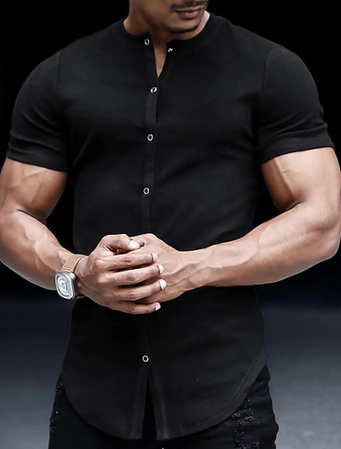 Men's Henry Collar Cardigan T-Shirt - Solid Color Top