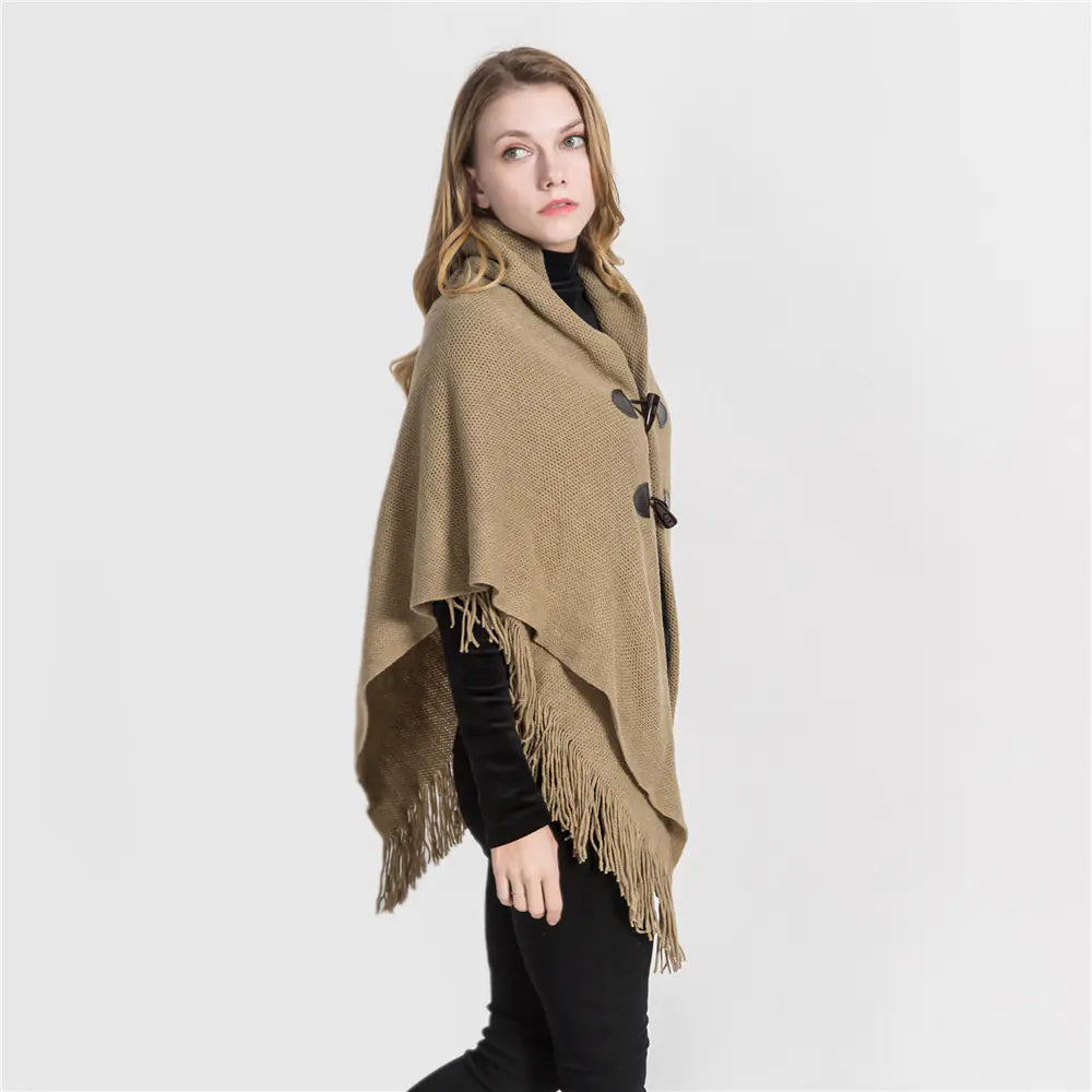 Fashion Button Cardigan with Hooded Cashmere Scarf