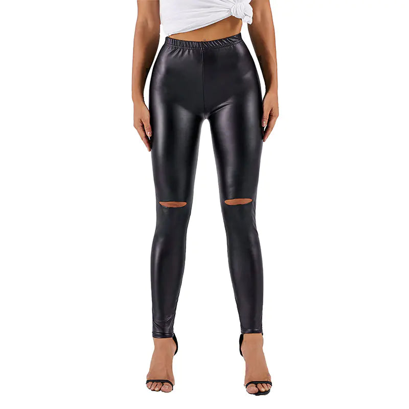 High Waist Bright Color Ripped Leather Leggings for Women