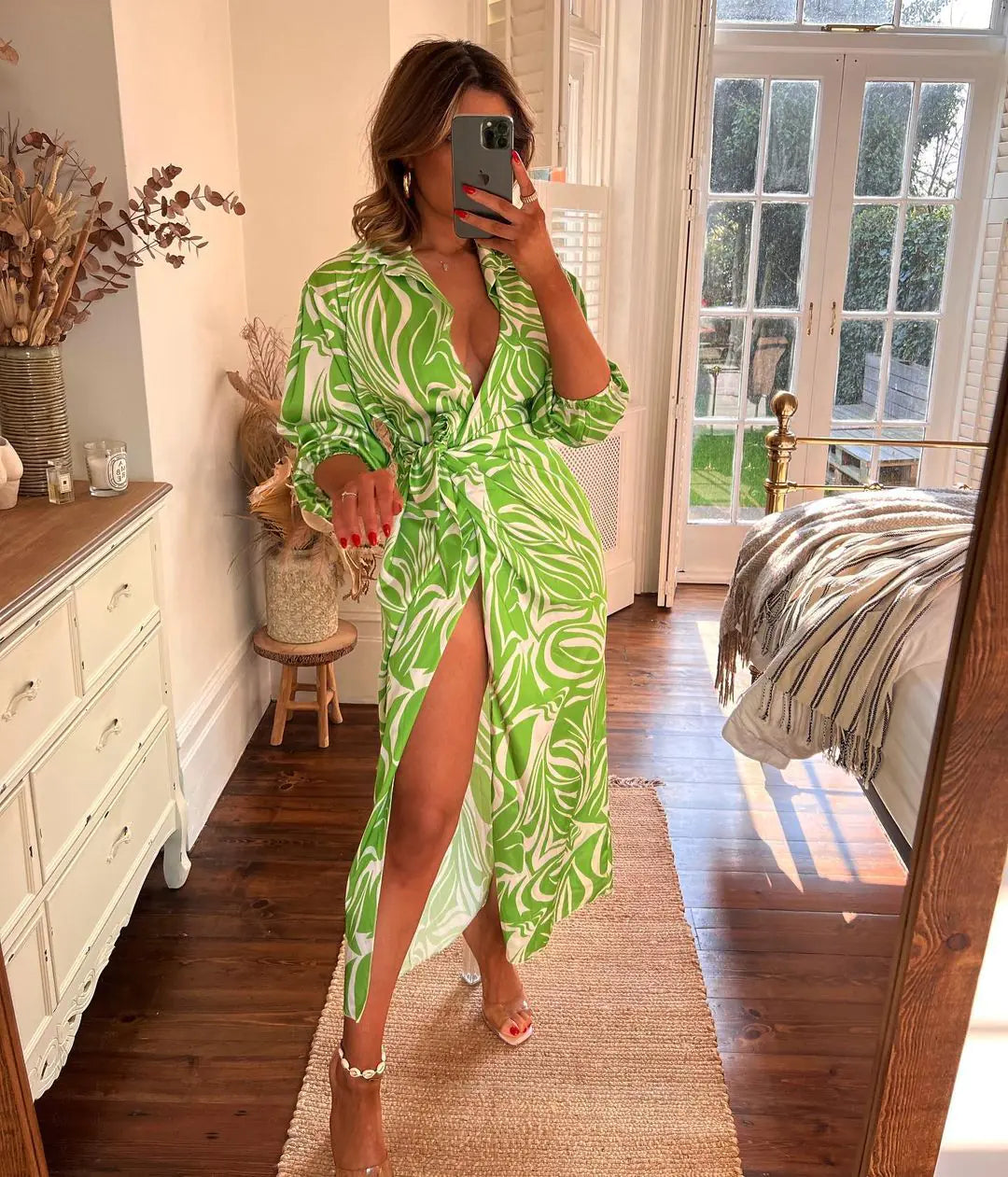 Fashion Print Balloon Sleeve Wrap Dress with Tie Slit
