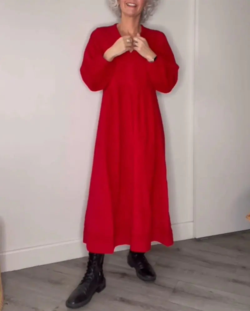 V-neck Long Sleeve Solid Color Dress for Autumn & Winter