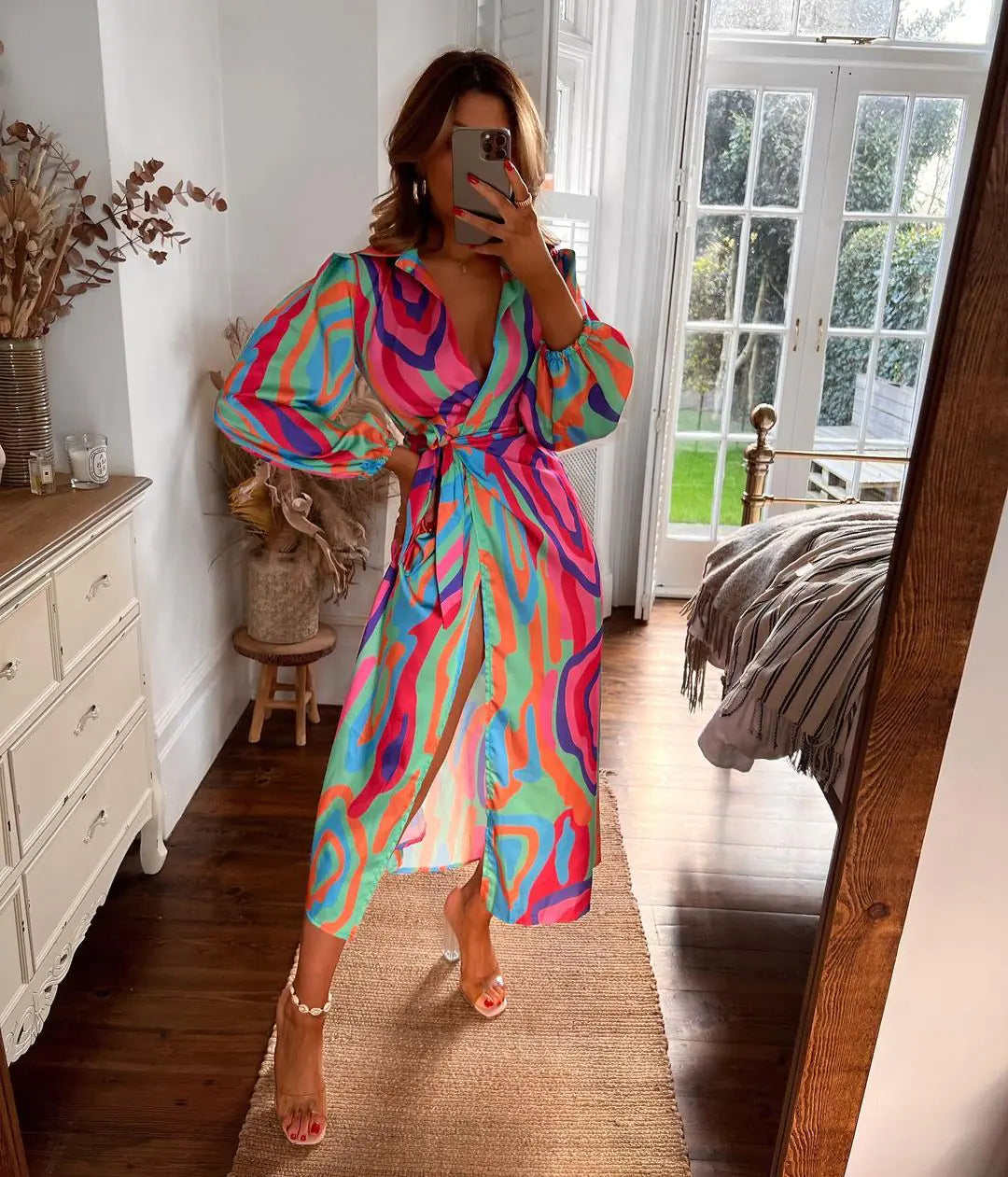 Fashion Print Balloon Sleeve Wrap Dress with Tie Slit