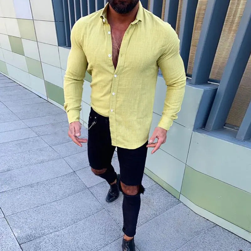 Men's Long Sleeve Linen Button-Down Shirt (New Style)