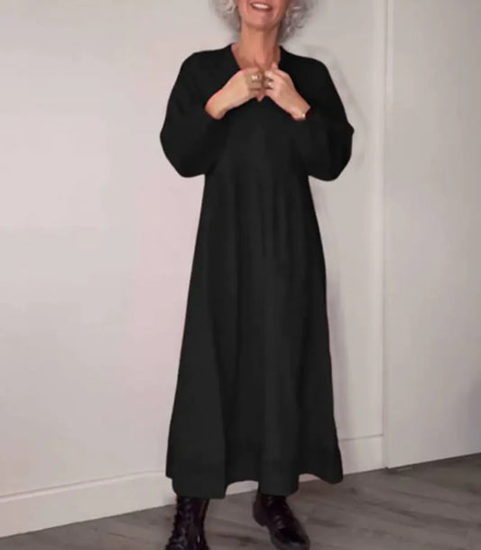 V-neck Long Sleeve Solid Color Dress for Autumn & Winter