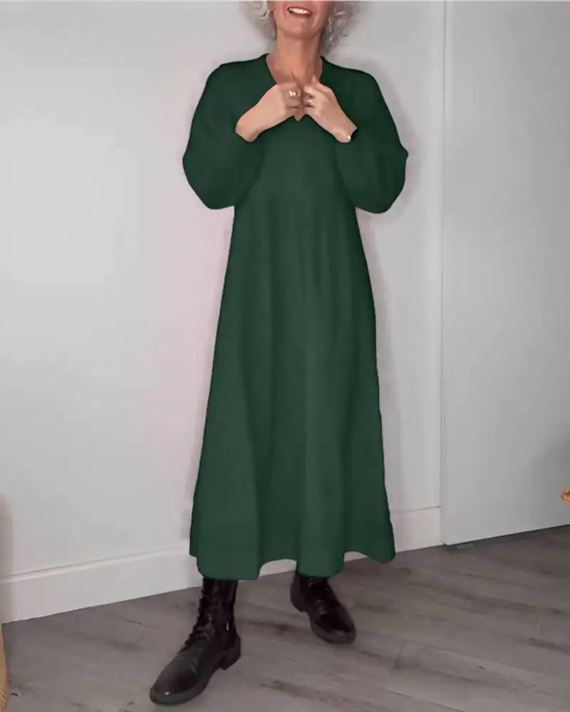 V-neck Long Sleeve Solid Color Dress for Autumn & Winter