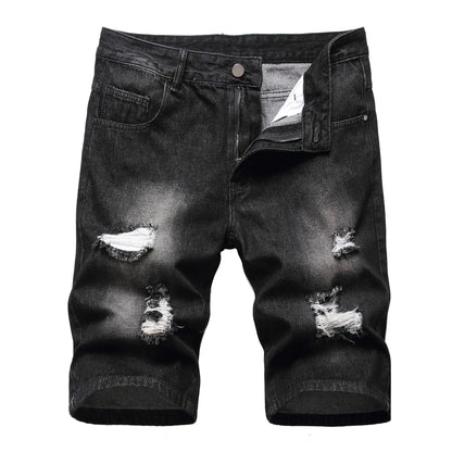 Men's Denim Shorts with Holes - European and American Style