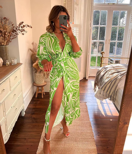 Fashion Print Balloon Sleeve Wrap Dress with Tie Slit