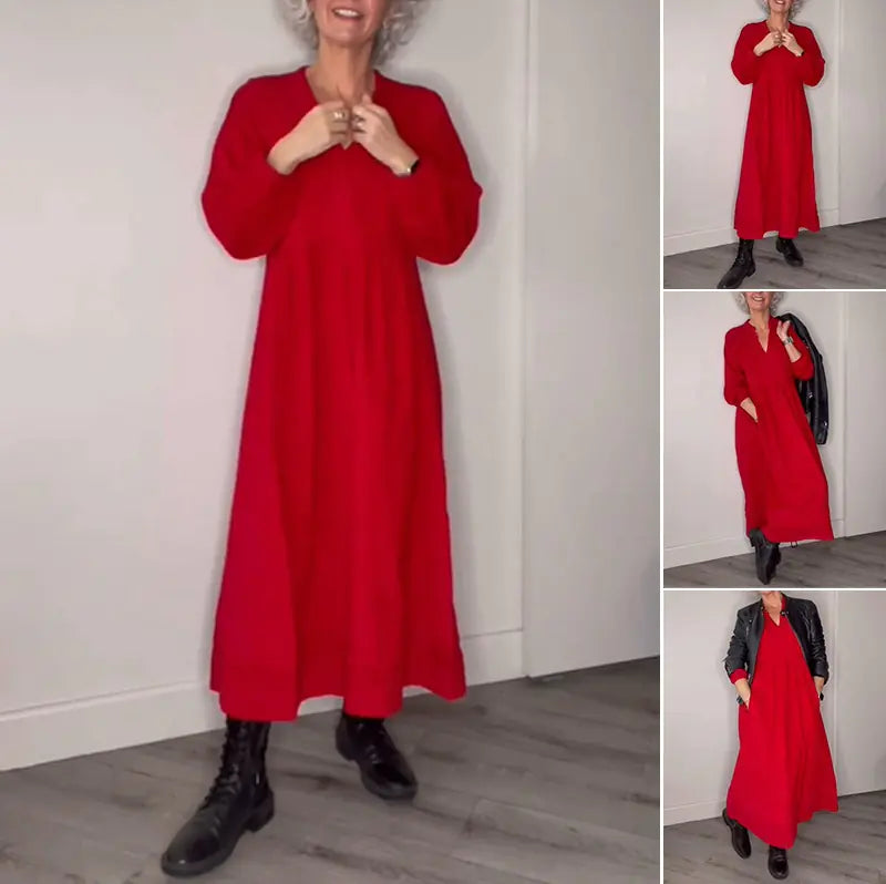 V-neck Long Sleeve Solid Color Dress for Autumn & Winter