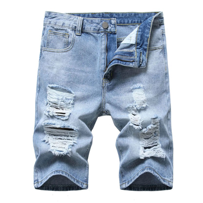 Men's Denim Shorts with Holes - European and American Style