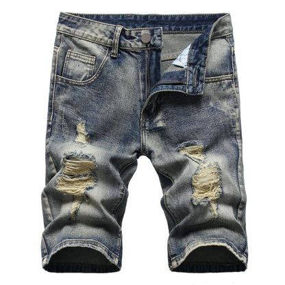 Men's Denim Shorts with Holes - European and American Style