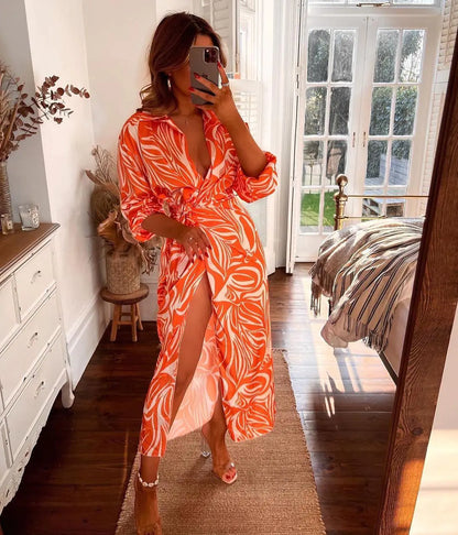 Fashion Print Balloon Sleeve Wrap Dress with Tie Slit
